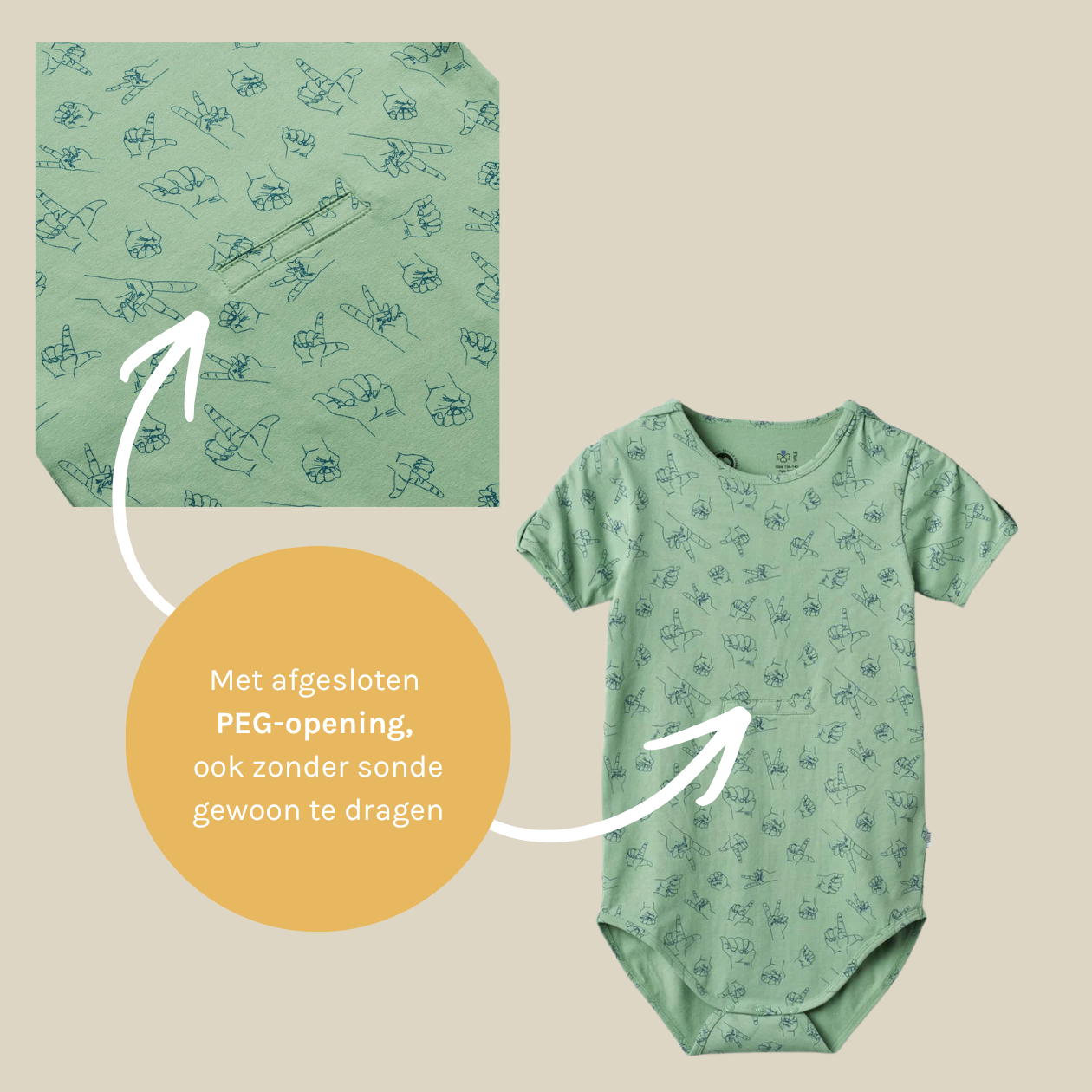 BANA SS Bodysuit - korte mouwen romper groen met handgebaren